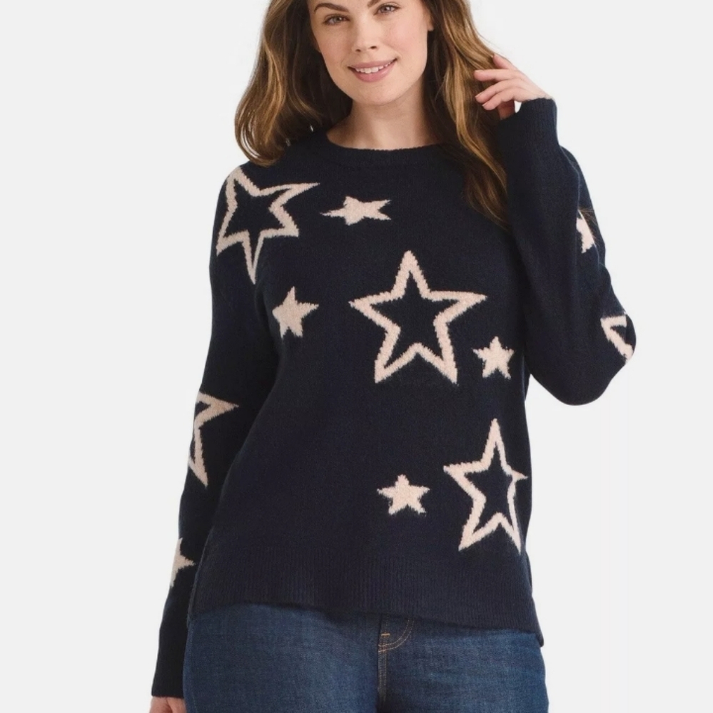 Cozy Soft Knitted Navy Womens Twinkle Star Knit Pullover Sweater